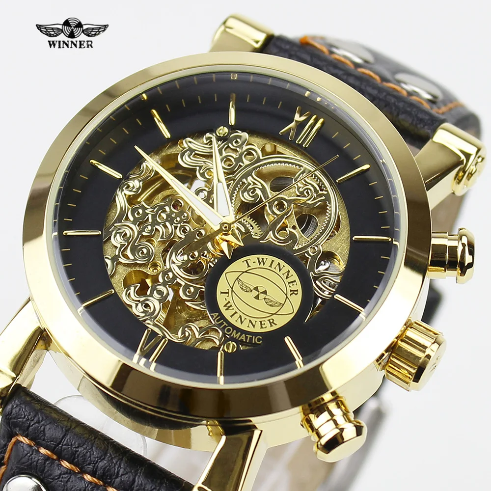 

T-Winner 2016 Luxury Golden Case Clouds Hollow Skeleton Genuine Leather Strap Clock Mens Watch Top Brand Luxury Automatic Watch