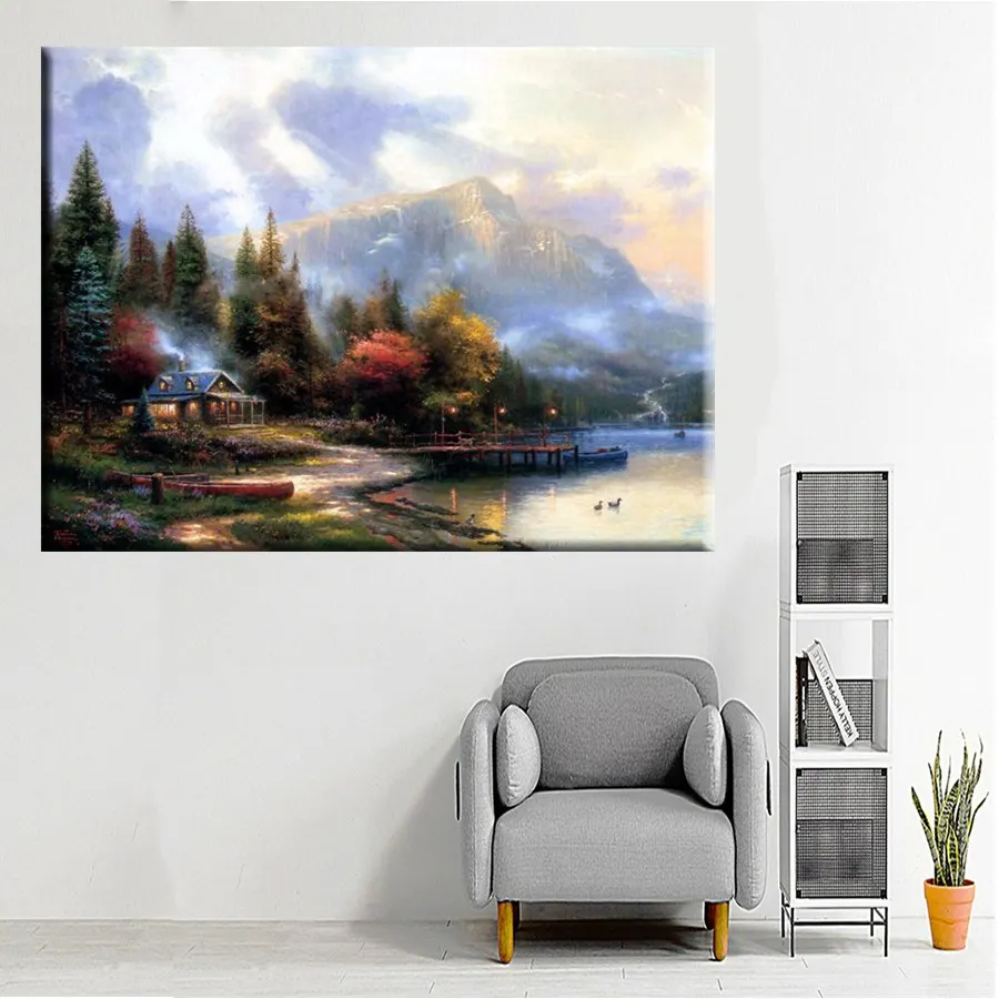 Lakeside Cottage Landscape Painting Print on Canvas Pictures for Living