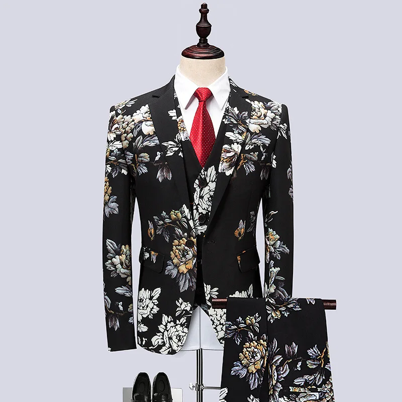 Large size flower suit Korean version of the three piece suit suit tide