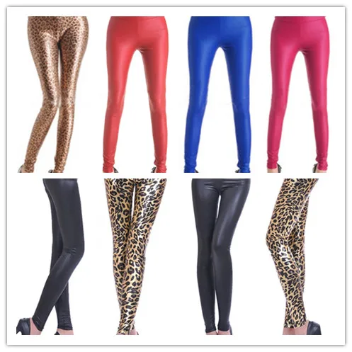 Women Leather Leggings High Waist Stretch Slim Blue Black Red Rose ...