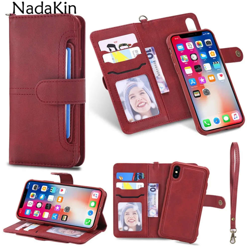 

With Strap Luxury Magnetic Flip Leather Wallet Activity Card Slot Holder Detachable Case for Apple iPhone 6 6S 7 8 Plus X
