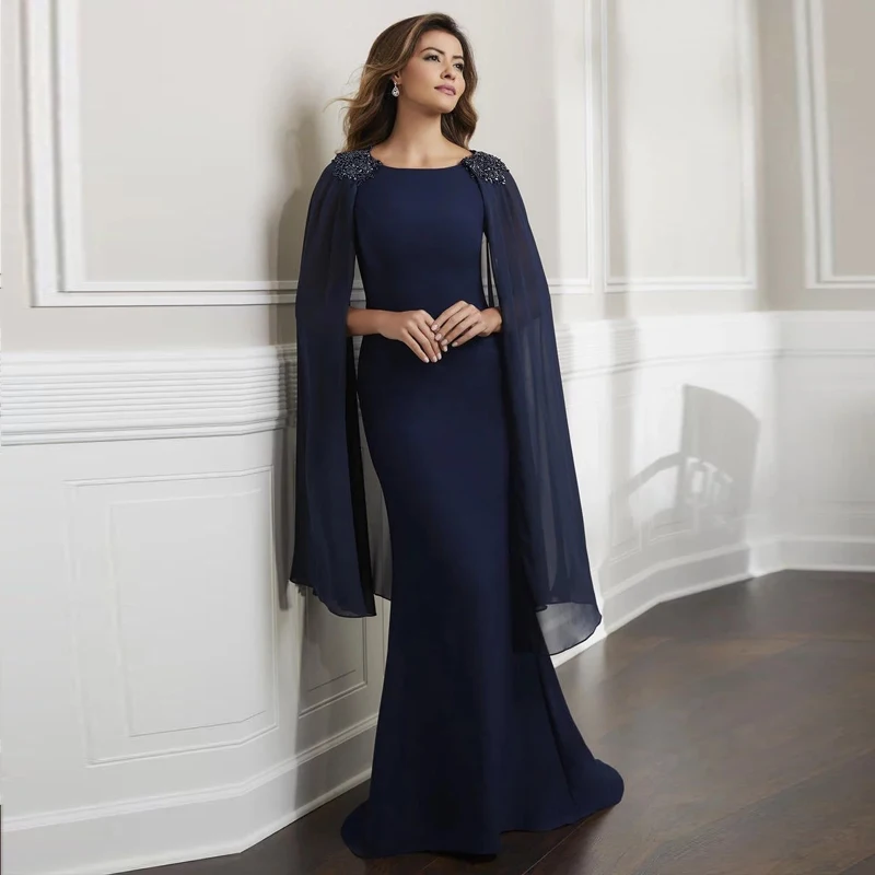 

Long Satin Sheath Mother Of The Bride Dress 2019 For Wedding Evening Party Beaded Cape Ladies Formal Gown vestido de madrinha