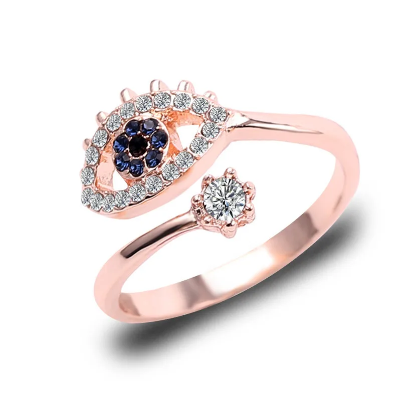 

New Elegant Blue Evil Eye Cubic Zirconia Ring Women Girls Hamsa Jewelry Rose Gold Color Opening Bague
