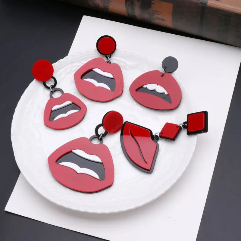 

New Women Earrings Acrylic Big Red Lips Fun Kiss Drop Earring Novelty Bib Fashion Jewelry Accessories For Women