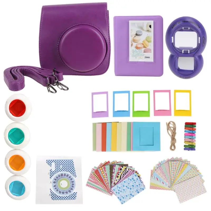 9 in 1 Instant Camera Accessory Set Camera Bag Sticker Frames Album Book Close-up Selfie Lens Purple for Fujifilm Instax Mini 8