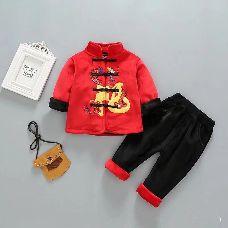 

Kids Traditional Chinese Clothing Set Baby Boy Clothes Tang Suit Style 2PCS Tops+Pants Children Happy New Year Clothes For Girls