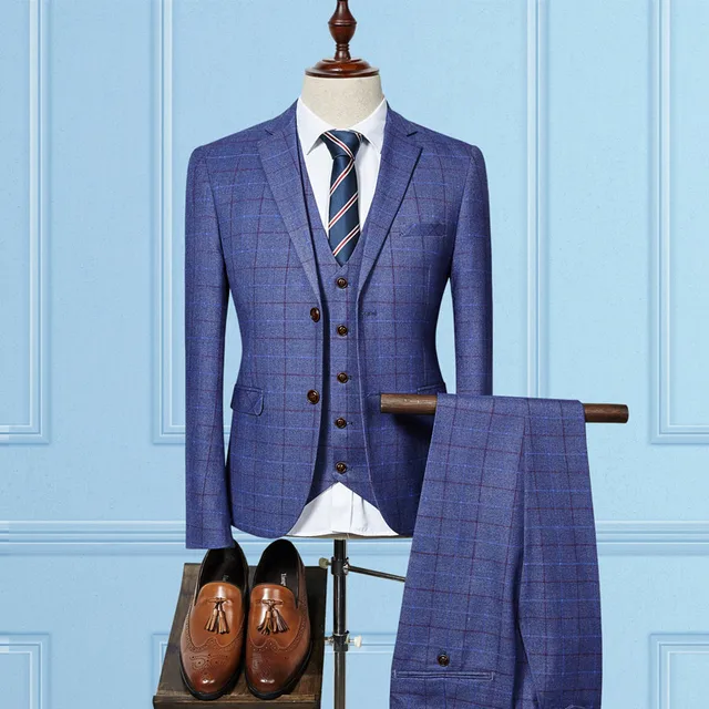 2017 Blue Plaid Suit Men 3 pieces Slim Fit Custom Made Business Formal Suits for Wedding 2017