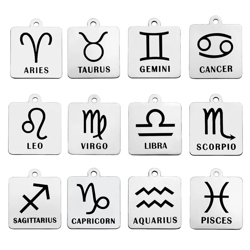 

12 Zodiac Stainless Steel Pendant Charm 1.1mm thickness Square Constellation Sign Charms for Jewelry Making DIY Accessories