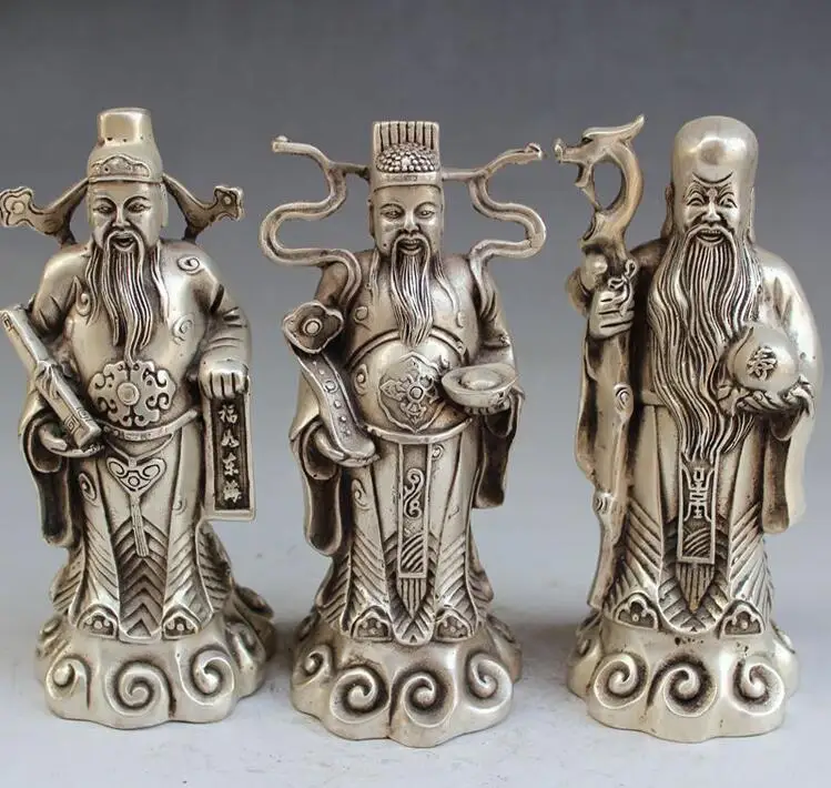 

China folk collection archaize white copper fu lu shou crafts statue