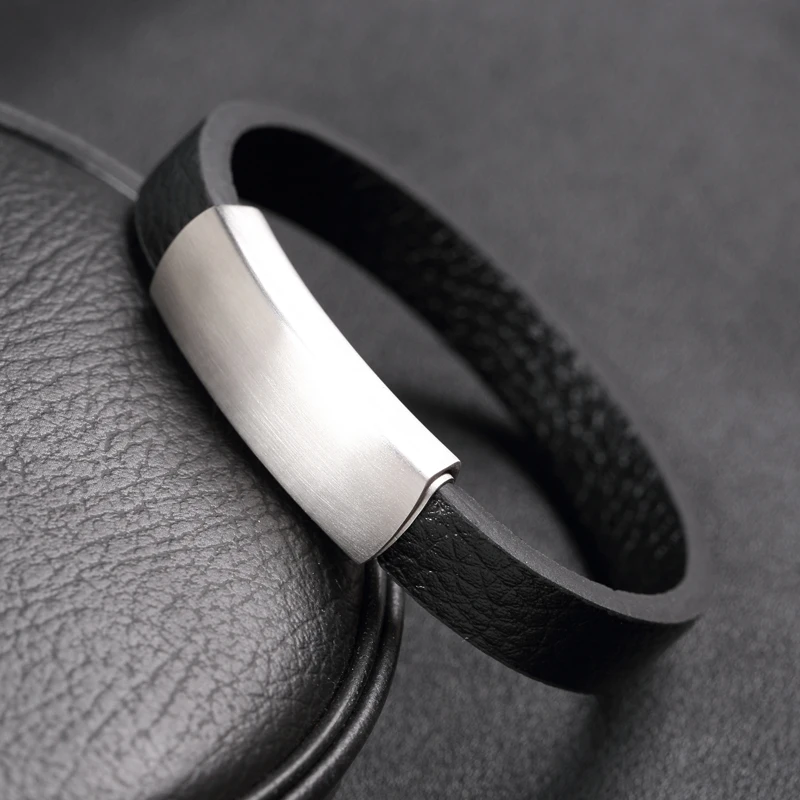 

MOGE Fashion Men Jewelry Black Luxury Genuine Leather Bracelets Men Stainless Steel Flat Magnetic Lock Male Cuff Bracelets