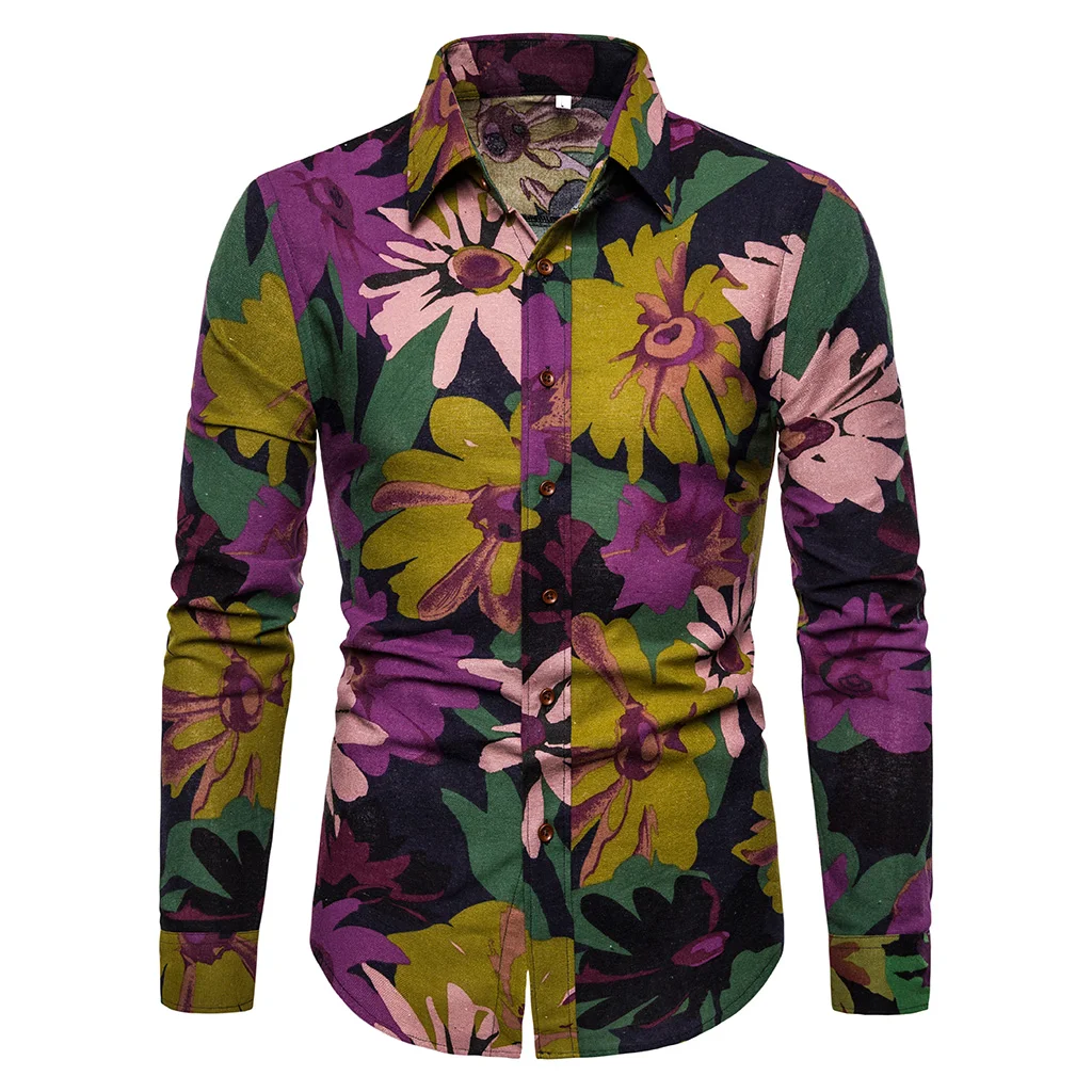 

M-5XL New Fashion Mens Shirt Slim Cotton Linen Long Sleeve Floral Shirt Mens Clothing Trend Plus Size Mens Casual Flower Shirts