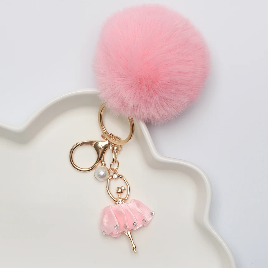 

Korean keychain ball key chain pompom fluffy Bag Charm Keyring Rhinestone DIY tutu dancer ribbon ballerina keychains girl gift