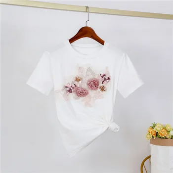 

Summer new women' embroidery flower T-shirt + beaded denim short skirt cotton 2 sets o elegant high waist wild denim shorts suit