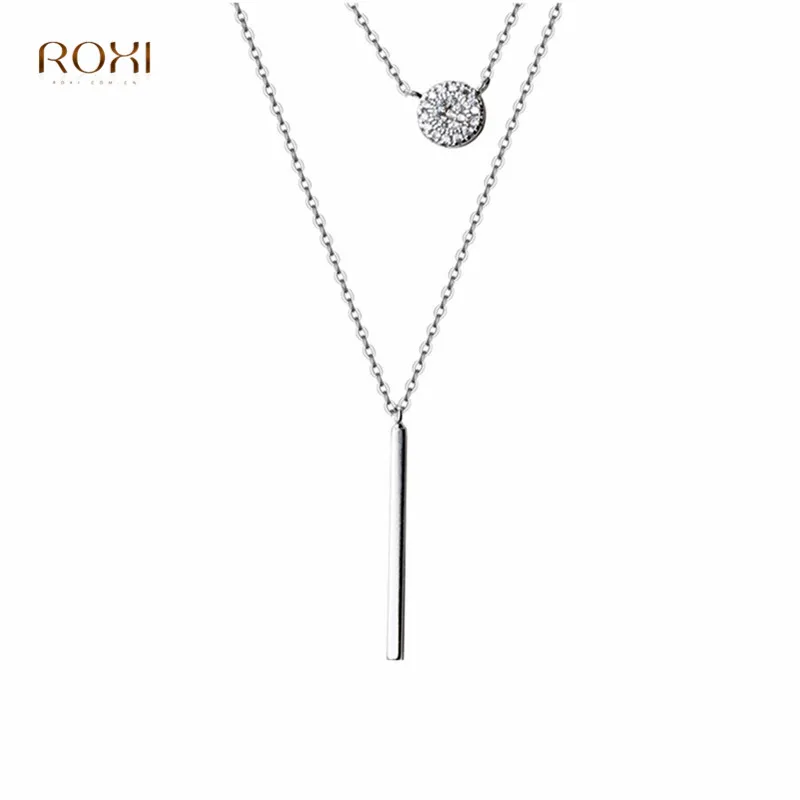 ROXI 925 пробы Серебряное Двухслойное ожерелье из ключицы, круглое CZ циркониевое геометрическое многослойное ожерелье с подвеской на цепочке