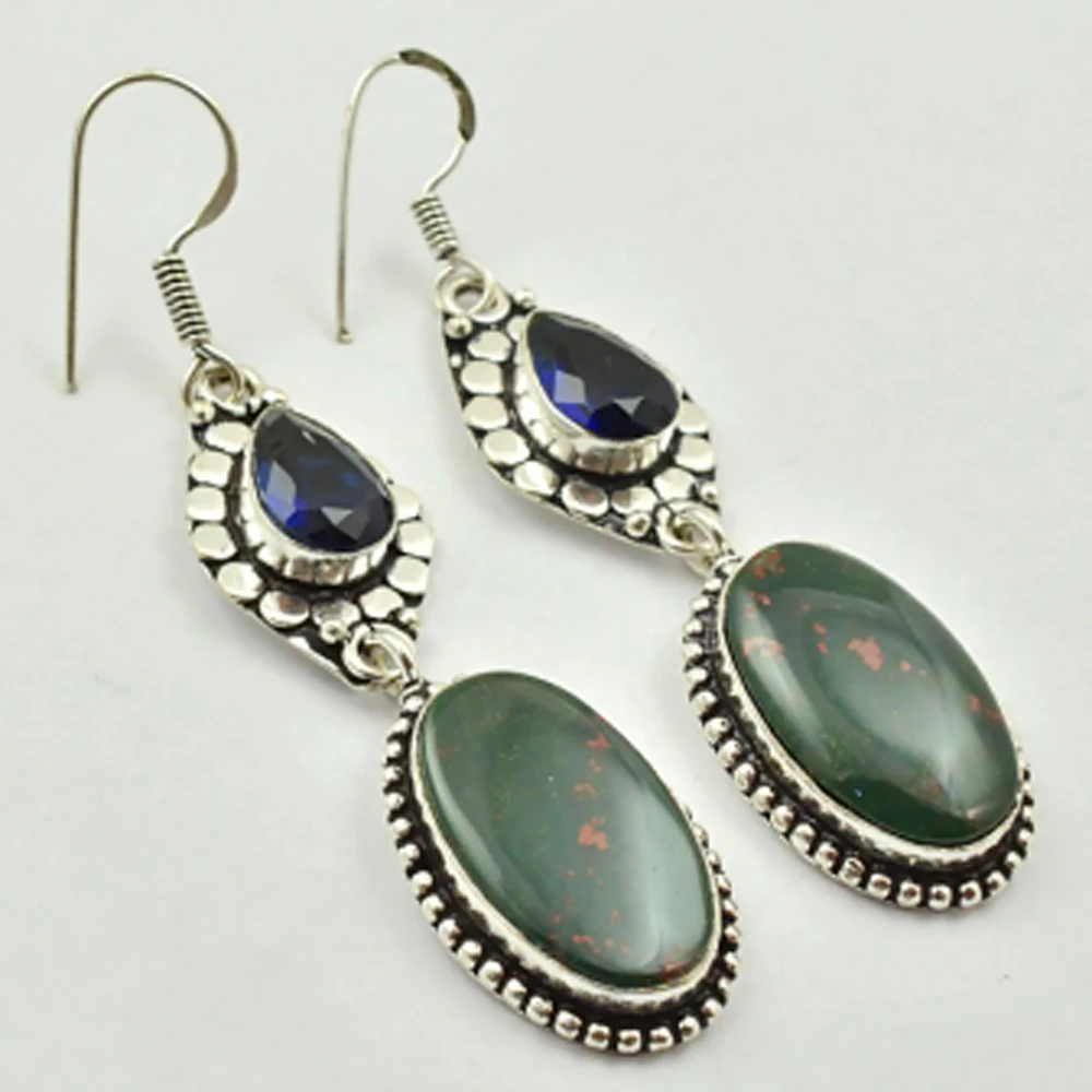 

Bloodstone & Tanzanites , Silver Overlay on Copper Earrings, 72 mm , E2739