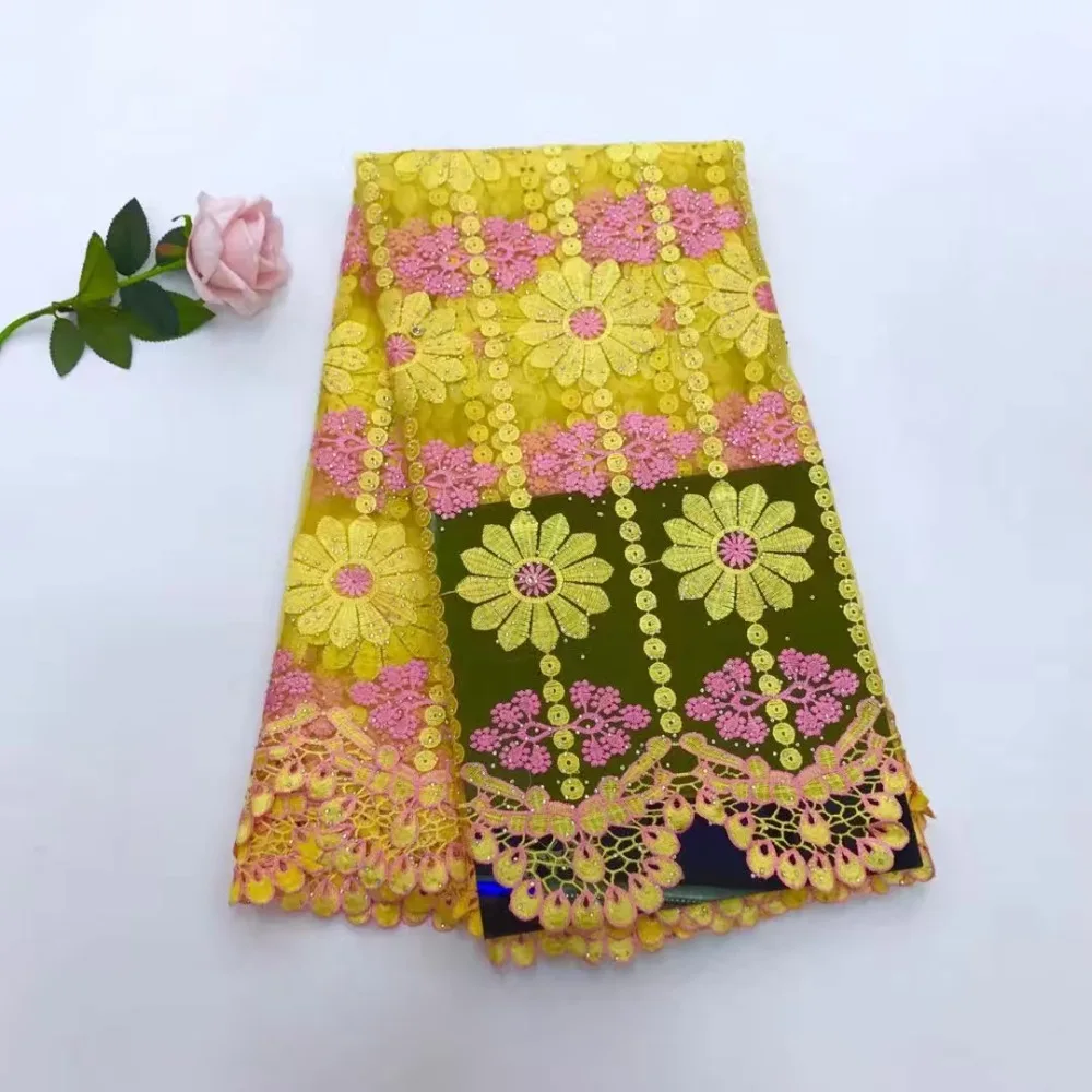 

French lace fabric 5yds/pce dhl stones yellow fabrics women gorgeous luxury party asoebi event dress 2019 high quality new