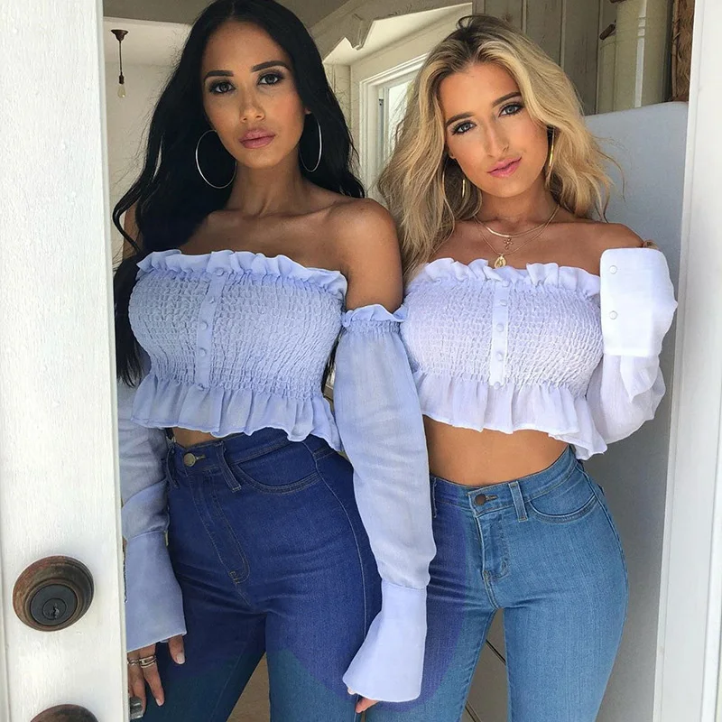 Fitshinling Off Shoulder Ruffles Blouse Women Ruched Slim Sexy Shirt Female Crop Top Fashion Autumn 2019 Womens Tops And Blouses