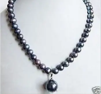

7-8mm Black Tahitian Pearl Necklace Shell Pearl Drop 18 a(5.18)