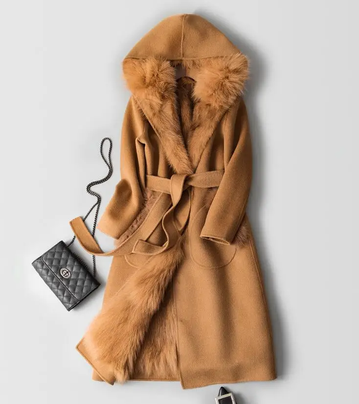 Зимнее толстое теплое двухстороннее шерстяное пальто с подкладкой из натурального Лисьего меха, Женское пальто, съемная кашемировая Длинная Верхняя одежда с капюшоном - Цвет: caramel color