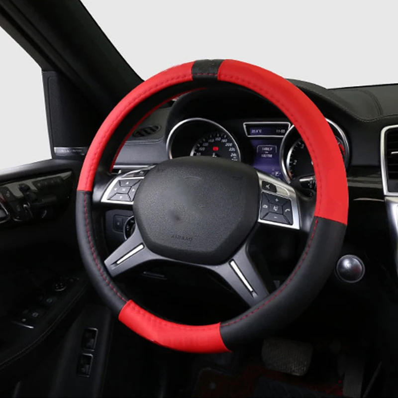 

High Quality Leather Sport Anti Slip Steering Wheel Cover 38 cm 15 inch Round Shape D Shape Steer Wheel Cover Black And Red