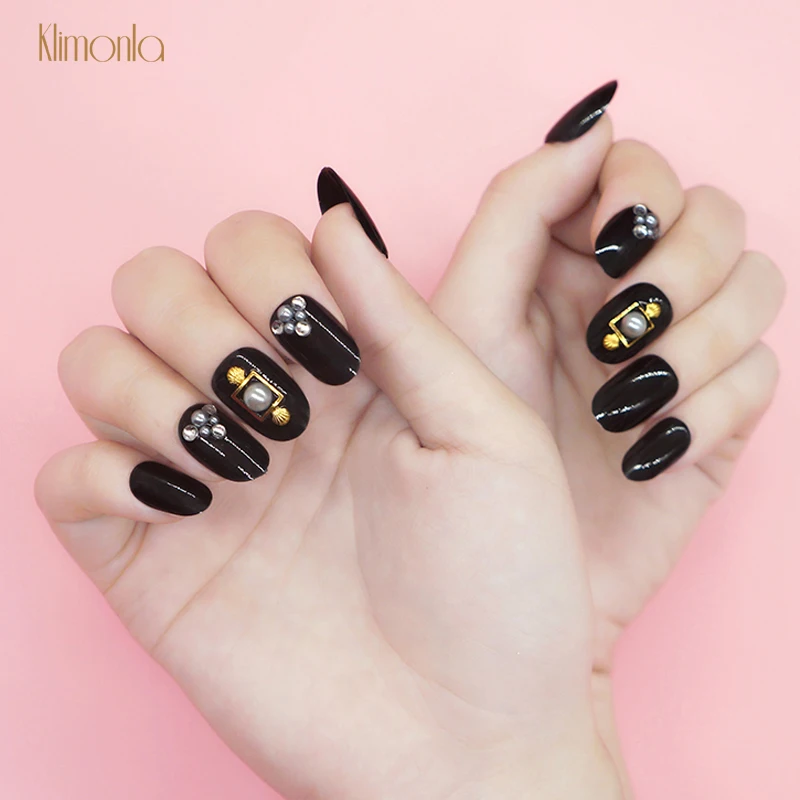 

24pcs Fake Nails Short Waterproof Nail Art Tips Black Glitter Rhinestone Decals False Nail Adhesive Press On Nails