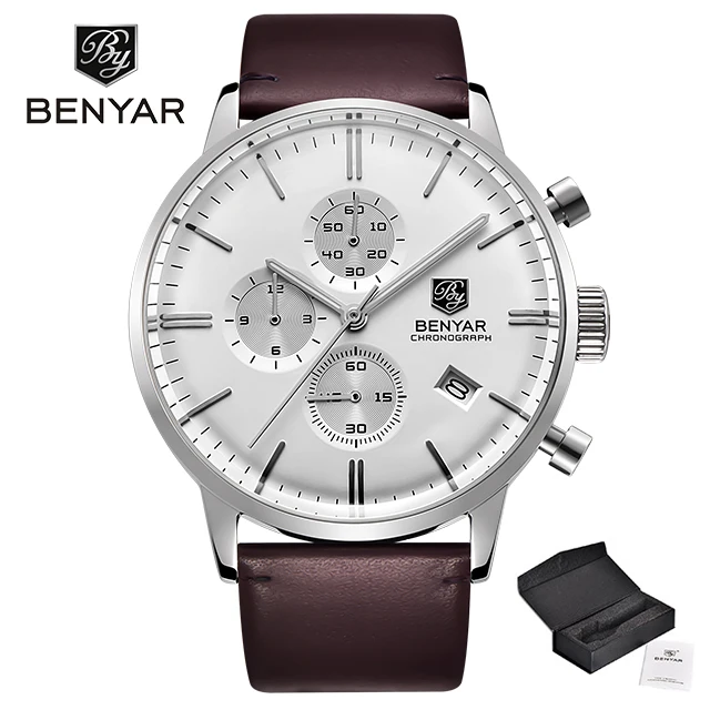 Benyar новые кварцевые мужские часы бизнес модные часы мужские топ брендовые роскошные кожаные часы Мужские Спортивные Хронограф Reloj Hombre - Цвет: Silver white