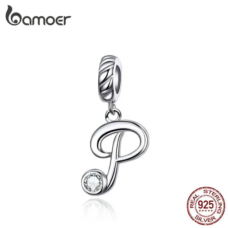 BAMOER 26 Letters alphabet Pendant 925 Sterling Silver Handwritten Language Pendants Charm for Bracelets and Necklace SCC1183 gold ring 925 Silver Jewelry