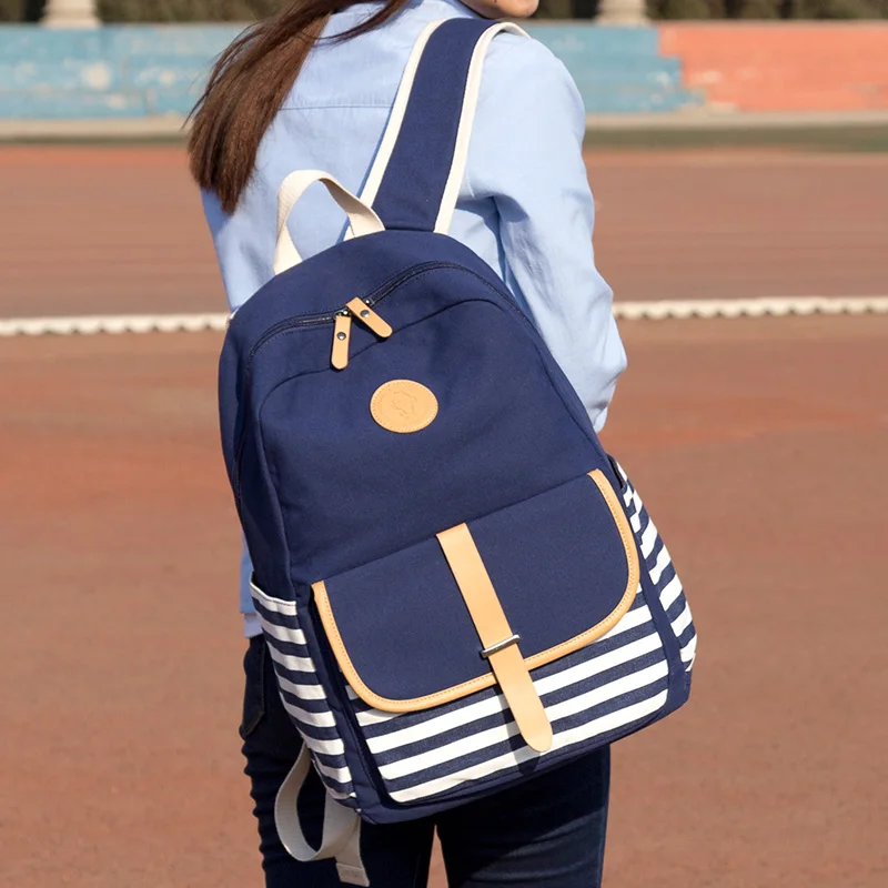 QZH Canvas Preppy Style Backpack Women School Backpacks for Teenage Girls Striped Laptop Bag Rucksack Backpack
