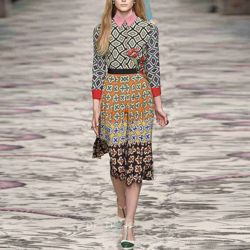

2019 Spring Summer Women Floral Embroidery Geometric Print Turn Down Collar Dress 3/4 Sleeve Color Block Midi Dresses Jc3191