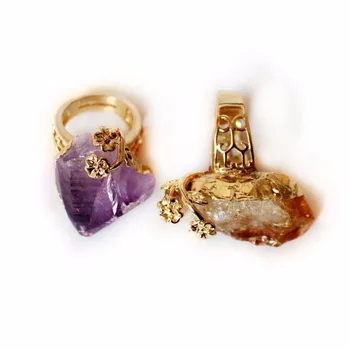 

Druzy Natural Crystal Fashion Ring Yellow quartz Purple Gold Color Crystal Engagement Amethysts Jewelry Wedding Rings For Women