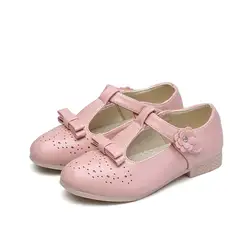 Новый низкий каблук детские кожаные туфли с бантом для девочек цветы принцесса обувь для маленьких девочек; детские танцевальные