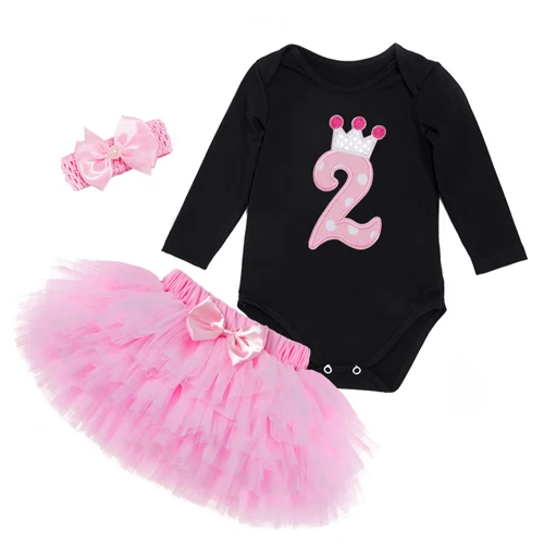 YK& Loving/комплект одежды для новорожденных; черный комбинезон с длинными рукавами и принтом цифр для девочек на День рождения; юбка-пачка розового цвета; повязка на голову - Цвет: 72Z715
