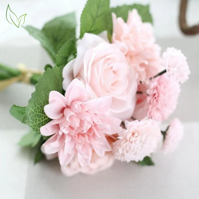 Online Silk Flower Wedding Bouquet Roses Dahlias Artificial Silk Flower Wedding Bouquet Roses Dahlias Artificial Flowers Autumn Fake Leaf Bouquets For Home Decoration