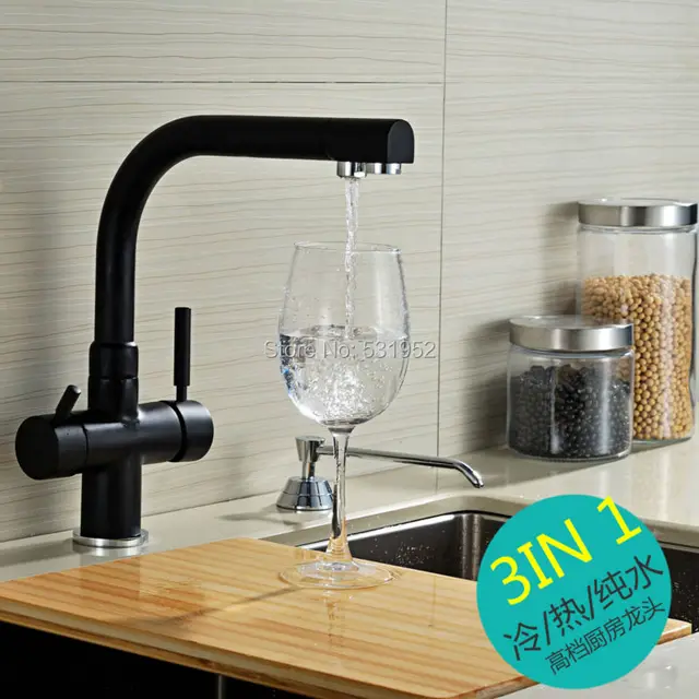 Cheap Brand New Solid Brass Black Bronze Kitchen Faucet Double Spout Drinking Water Filter Kitchen Faucet Tri-flow 3 in 1 Kitchen Tap