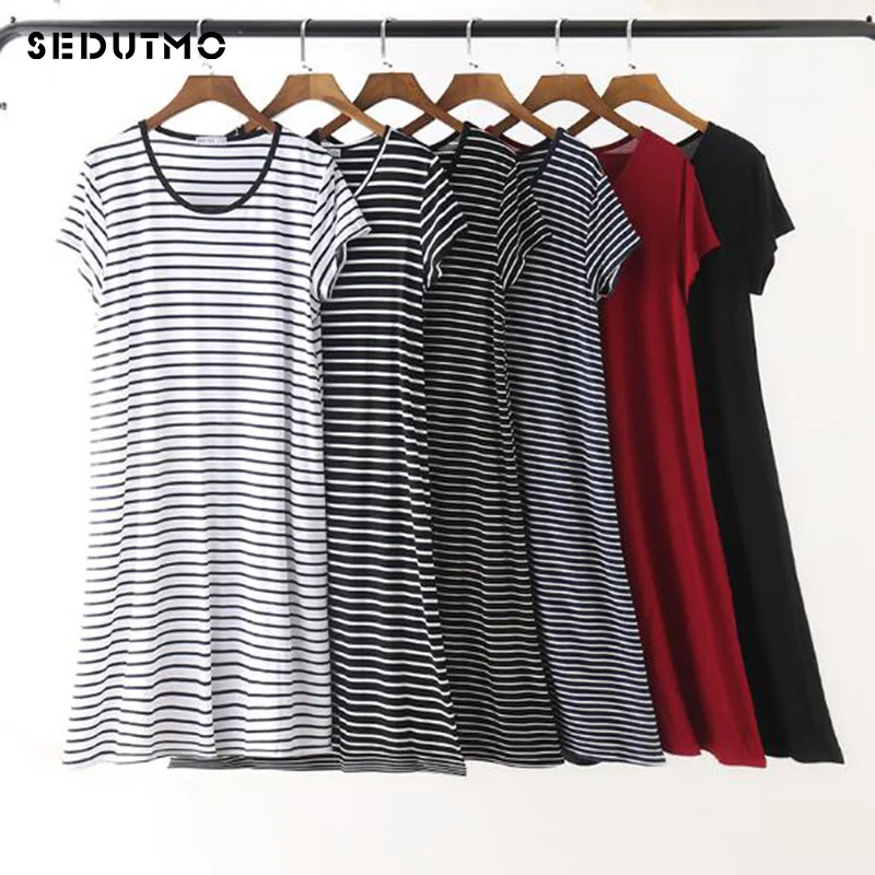 

SEDUTMO 2018 Spring Stripe T shirt Dress Women Summer Basic Dresses Short Sleeve Sexy Black Oveisize Party Beach Dress ED101