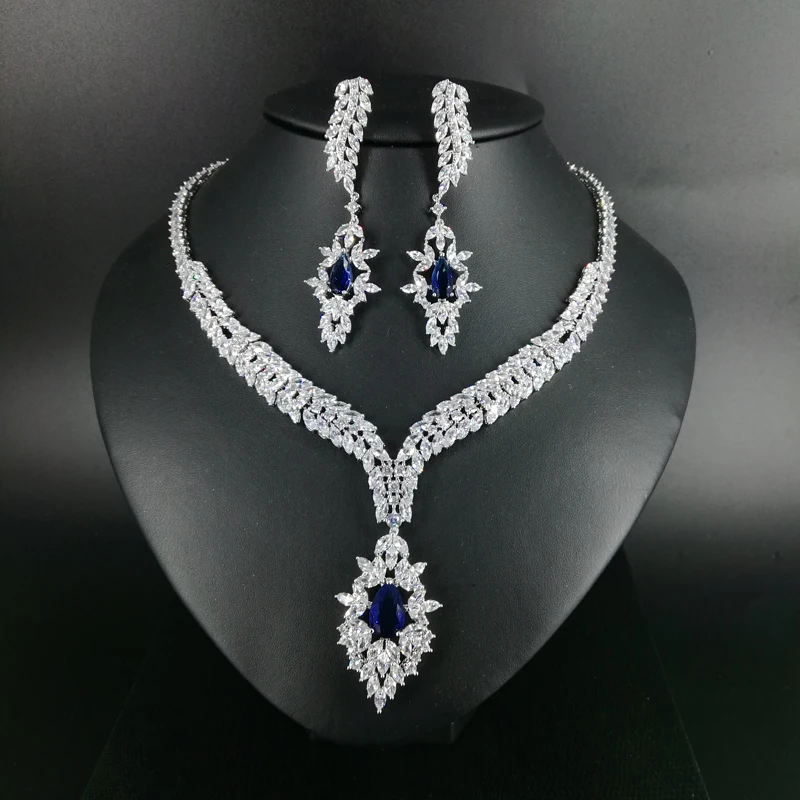 

New fashion Vintage blue water droplet zircon necklace earring wedding bride banquet dressing dinner jewelry set,free shipping