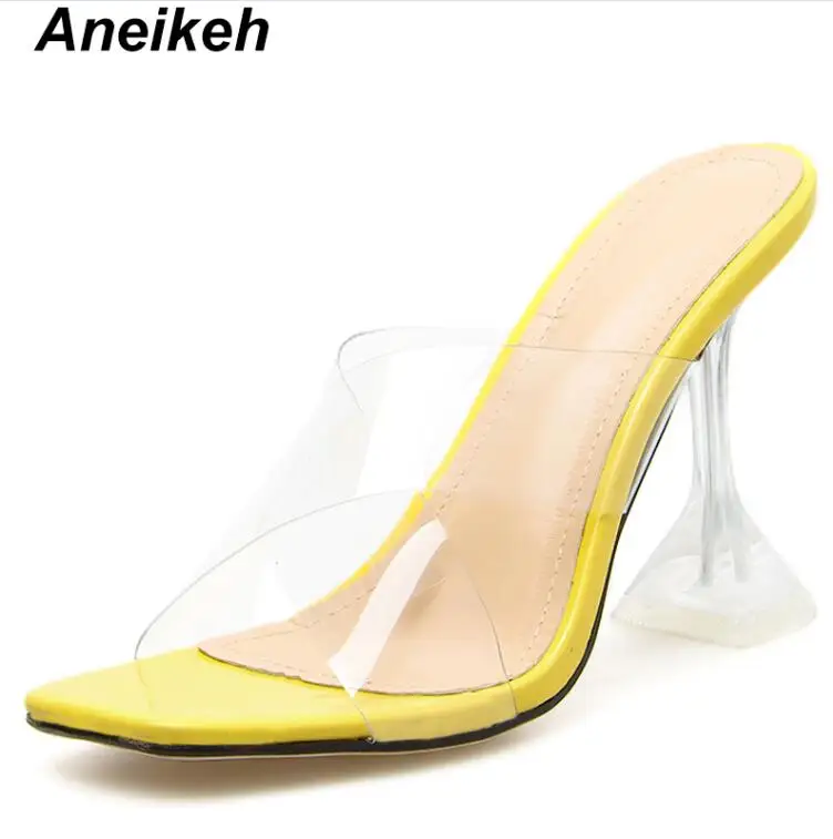 Aneikeh/тапочки без шнуровки на тонком каблуке; шлепанцы без задника; тапочки из ПВХ-желе с открытым носком на высоком каблуке-шпильке; женские прозрачные туфли на каблуке 7 м - Цвет: Yellow