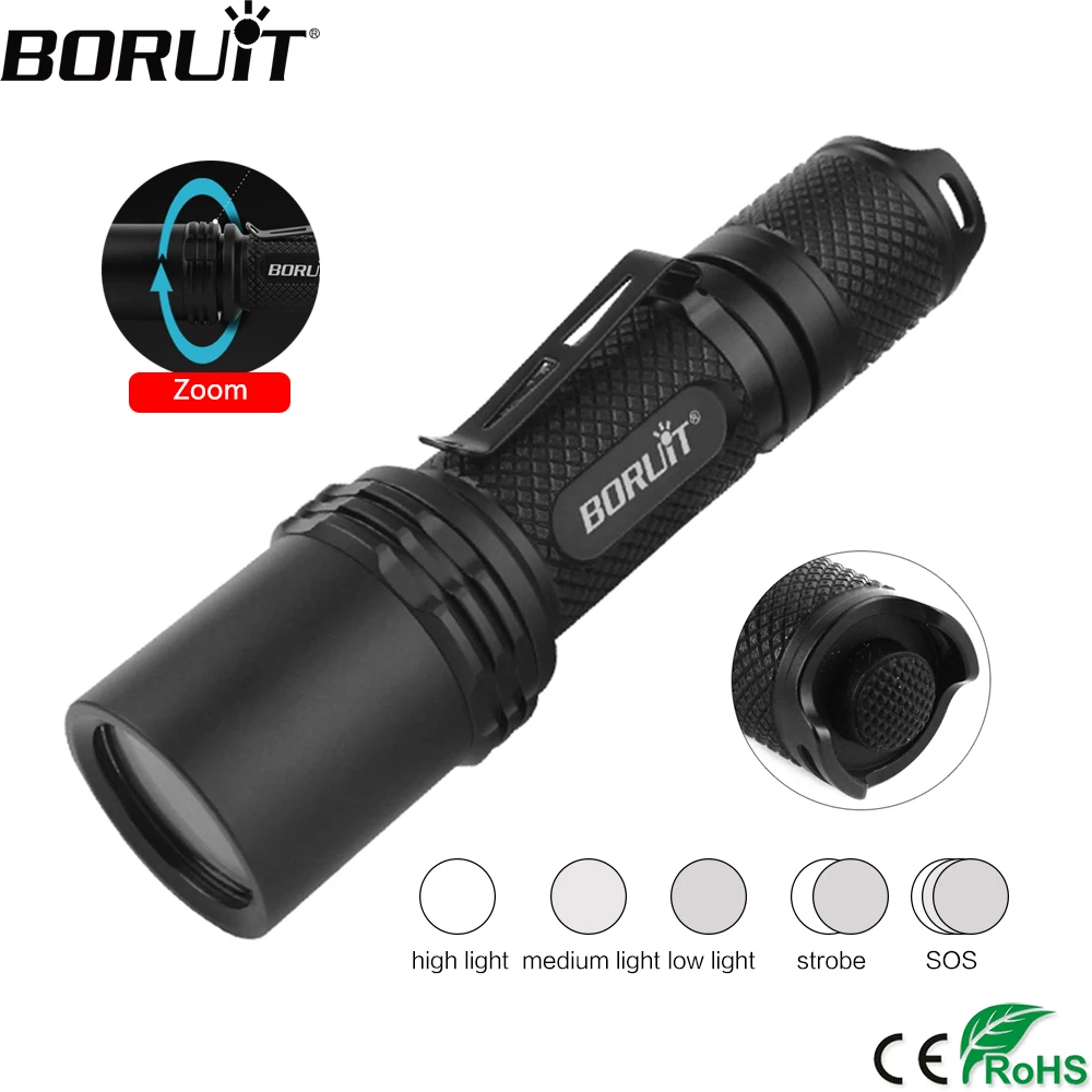 

BORUiT BC07 XP-L2 LED Tactical Flashlight 5-Mode USB Charger Torch with Pocket Clip Zoomable Portable Lantern by 18650 Battery