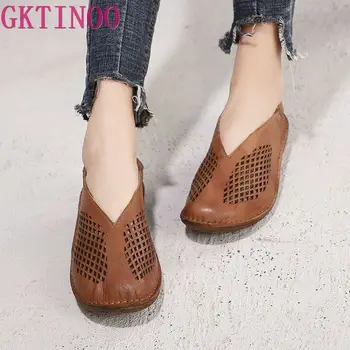

GKTINOO Retro Original Spring and Summer 2019 New Hollow-out Round Toe Leisure Low Heels Women Shoes Genuine Leather Sandals