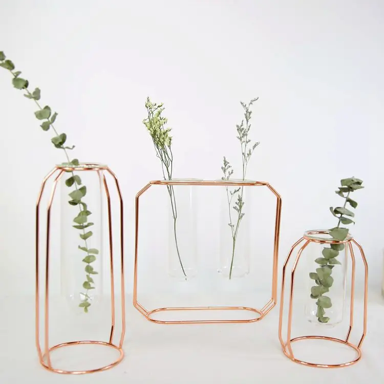 Günstige Nordic Stil Glas Blumentopf Eisen Kunst Vase Rose Gold Hängen Reagenzglas Blume Vasen Home Büro Dekoration Schreibtisch Blumentöpfe