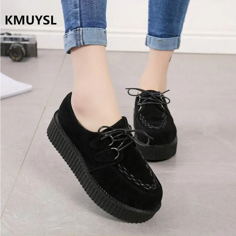 2017 Women Flats Creepers Shoes Black Red Suede Vintage Creepers