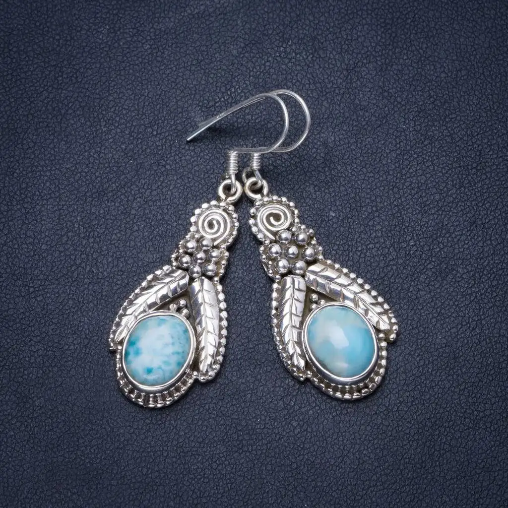 

Natural Caribbean Larimar Handmade Unique 925 Sterling Silver Earrings 1.75" X3592