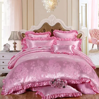 

Luxury 4Pcs Lace Sateen Silky European Style Jacquard Floral Queen/King Size Bed Linen Quilt/Doona/Duvet Cover Set&Sheet Pink