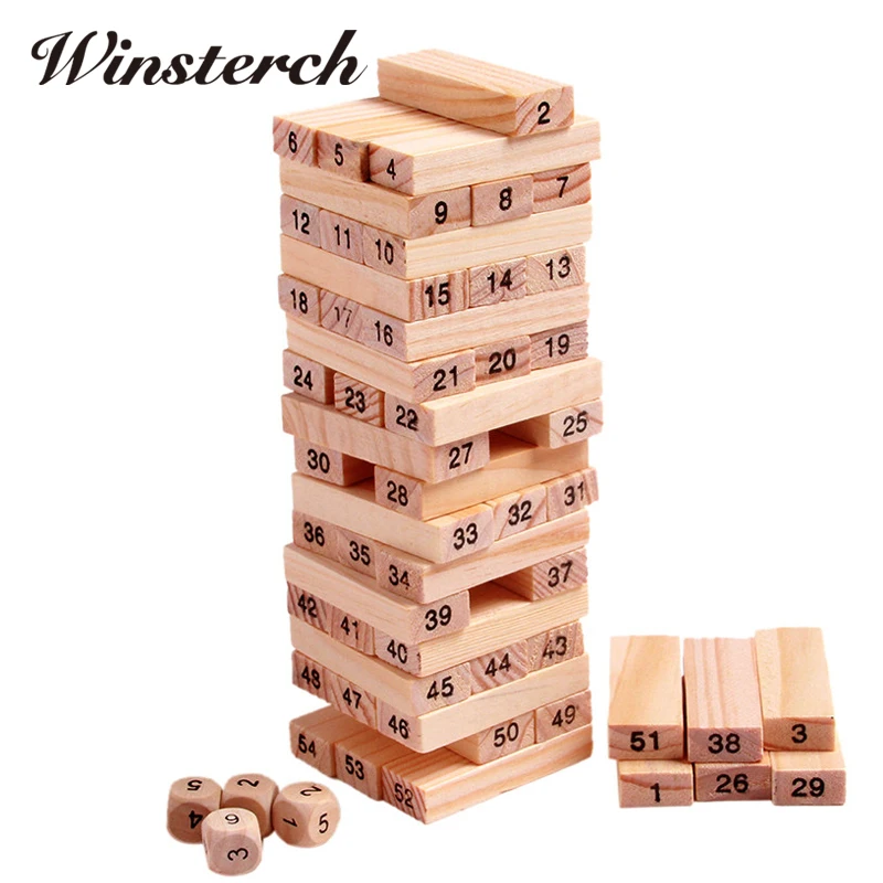 

Wood Building Figure Blocks Domino 54pcs Stacker Extract Jenga Game Gift 4pcs Dice Kids Early Educational Wooden Toys Set ZS041