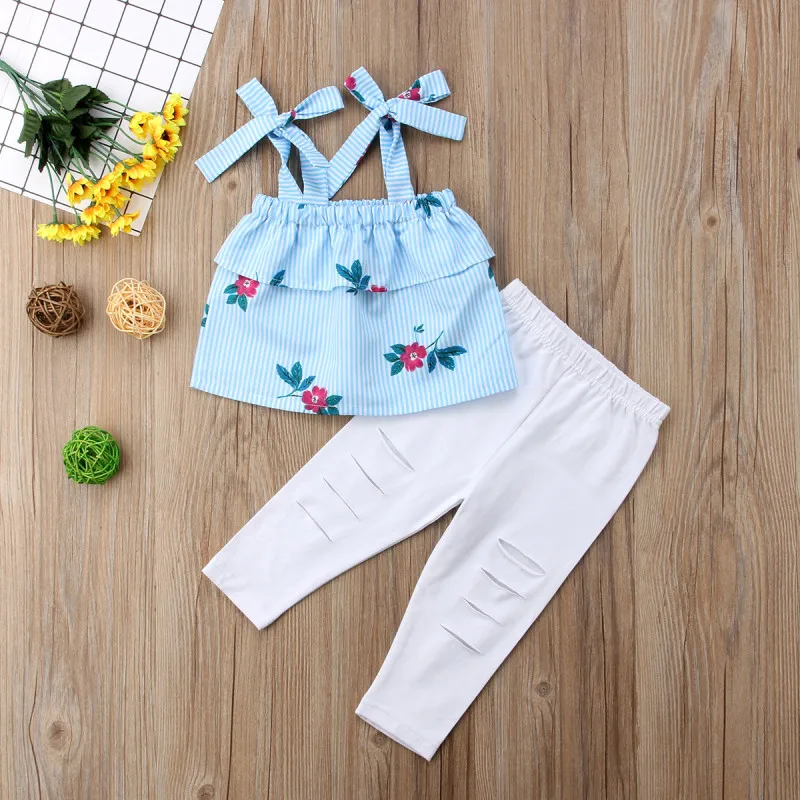 Одинаковые комплекты для мамы и дочки с цветочным принтом топы в полоску+ штаны с дырками