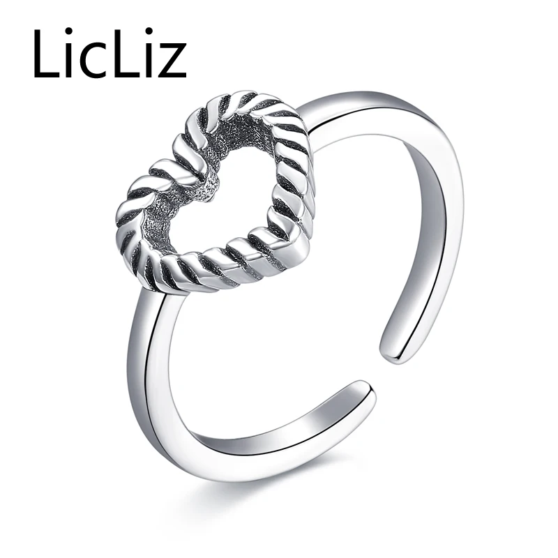 

LicLiz 925 Sterling Silver Braided Hollow Heart Adjustable Open Rings New Year's Gifts Vintage Wedding Rings For Women LR0293