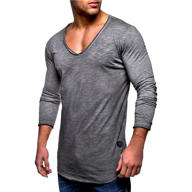 

2018 New T Shirt Men Autumn Casual Long Sleeve V-Neck Tops&Tees Fashion Black Fitness Slim Fitness T-shirt Plus Size Clothes 3XL
