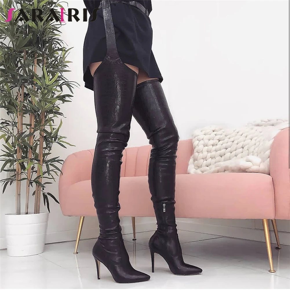 

SARAIRIS PU Women High Heels Long Thigh High Boots Rihanna Style Over The Knee Boots For Women Shoes Pointed Toe Pleated Solid