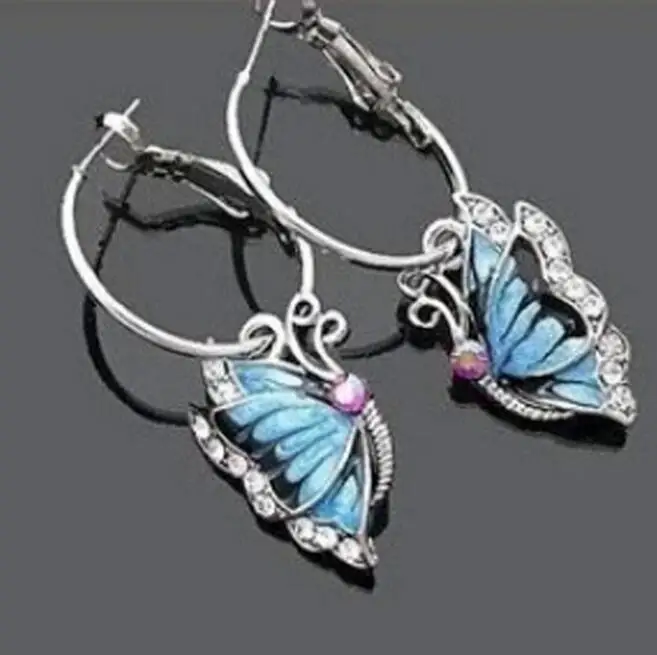

ea789 Wedding party gift fashion geometric Big circle crystal alloy blue butterfly earring temperament Female charm jewelry