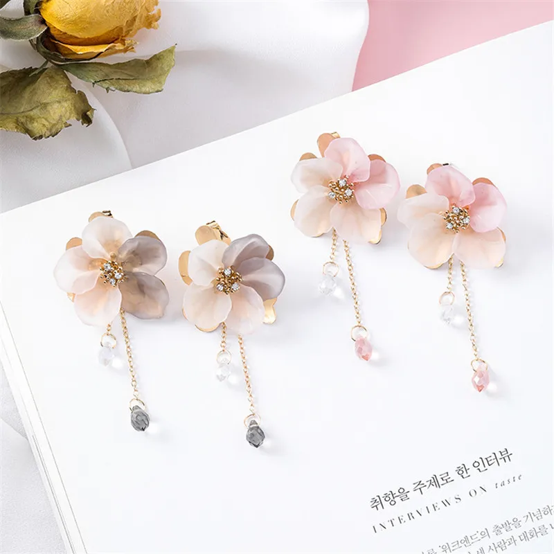 Корейская двухслойная металлическая акриловая Длинная цепочка в виде цветка, висячие серьги с кисточкой и кристаллами, милые модные женские ювелирные изделия 5B3020